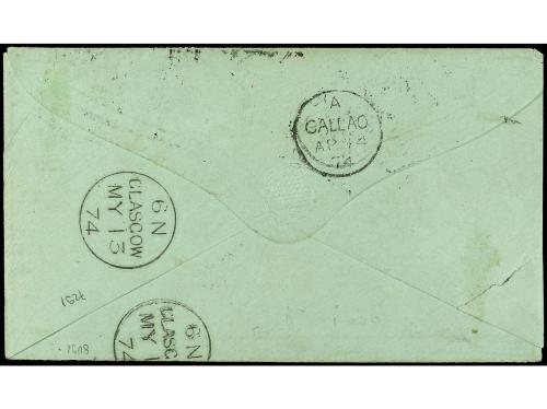 ✉ PERU. 1874. IQUIQUE a ESCOCIA. Circulada con sello de Perú