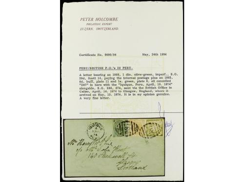 ✉ PERU. 1874. IQUIQUE a ESCOCIA. Circulada con sello de Perú