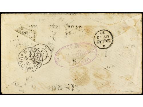 ✉ PERU. 1878. CALLAO a GÉNOVA. Circulada con sello de Perú d