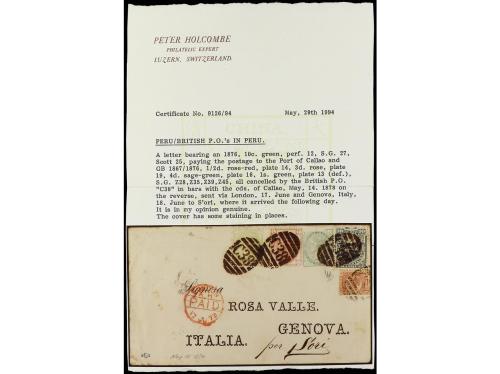 ✉ PERU. 1878. CALLAO a GÉNOVA. Circulada con sello de Perú d