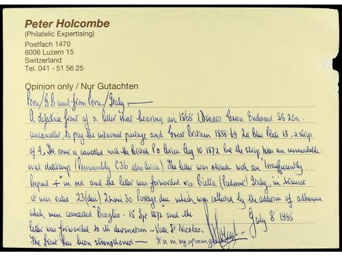 ✉ PERU. 1872. ARICA a ITALIA. Frontal circulado con sello de