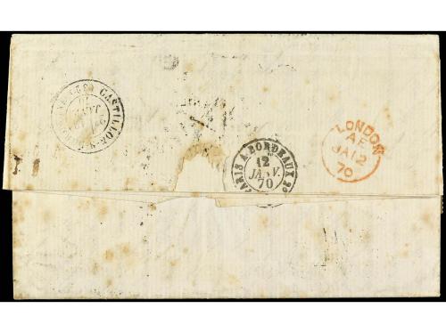 ✉ PERU. 1869. TACNA a FRANCIA. Circulada con sello de Perú d