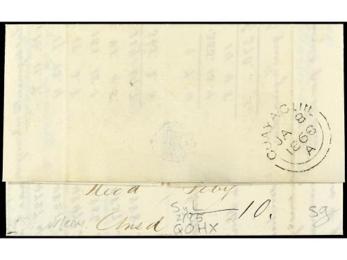 ✉ ECUADOR. 1868. GUAYAQUIL a NEW YORK. Circulado con sello d