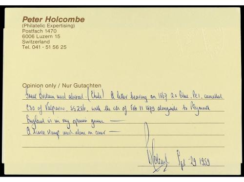 ✉ CHILE. 1879. VALPARAÍSO a INGLATERRA. Circulada con sello 