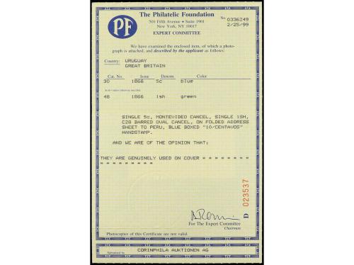 ✉ URUGUAY. 1869. MONTEVIDEO a LIMA. Circulada con sello de U