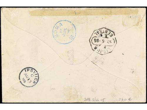 ✉ CONGO BELGA. 1895. Certificado de BOMA a IPSWICH franquead