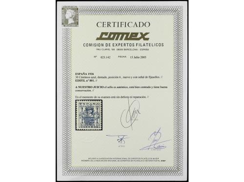 * ESPAÑA. Ed. 801. 30 cts. azul. Muy bien centrado. Cert. CO