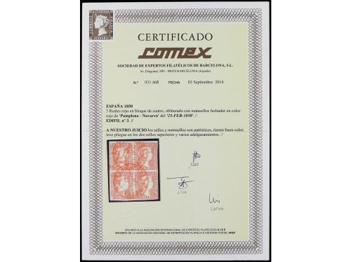 º ESPAÑA. Ed. 3 (4). 5 reales rojo. Bloque de cuatro, mat. f