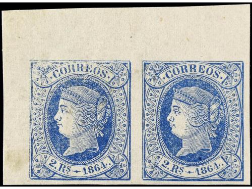 ** ESPAÑA. Ed. 68 (2). 2 reales azul. Pareja, esquina de pli