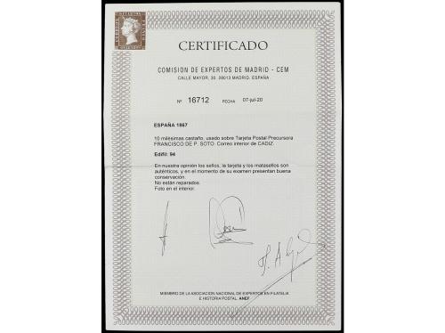 ✉ ESPAÑA. Ed. 94. 1869 ca. CADIZ correo interior. TARJETA PO