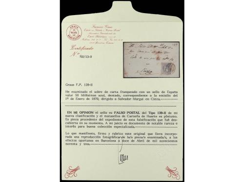✉ ESPAÑA. Ed. 107F. 1870. 50 mils. azul FALSO POSTAL tipo II