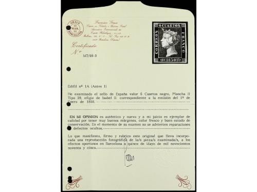 * ESPAÑA. Ed. 1A. 6 cuartos negro, Plancha II. Goma parcial 