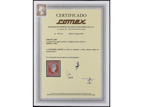 * ESPAÑA. Ed. 40. 4 cuartos rojo. PIEZA DE LUJO. Cert. COMEX