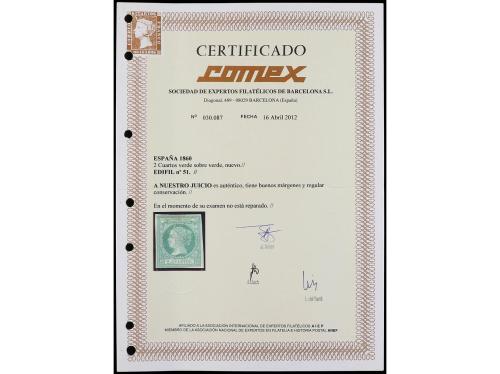 * ESPAÑA. Ed. 51. 2 cuartos verde. Buen ejemplar. Cert. COME