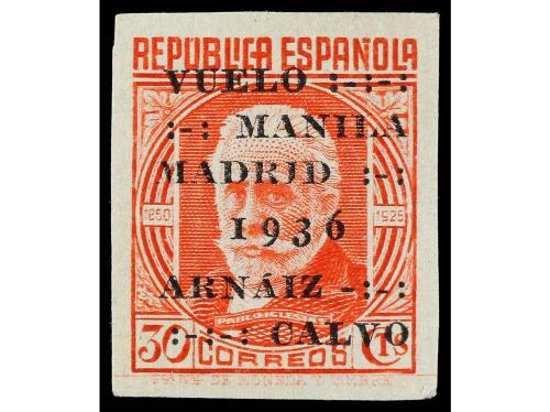 * ESPAÑA. Ed. 741s y 741dp. 30 cts. rojo SIN DENTAR (cert. C