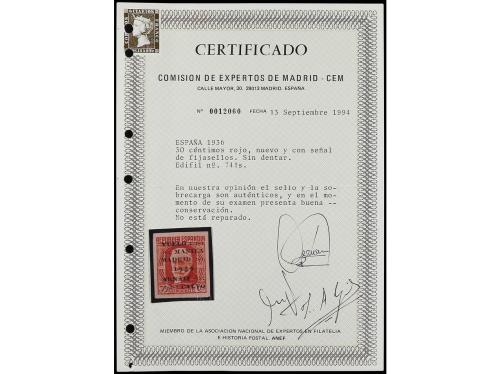 * ESPAÑA. Ed. 741s y 741dp. 30 cts. rojo SIN DENTAR (cert. C