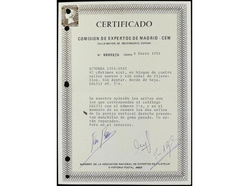 ** ESPAÑA. Ed. 37s (4). 40 cts. azul sin cifra al dorso, cua