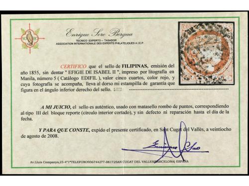 ° FILIPINAS. Ed. 5. 5 c. rojo, márgenes completos. Cert. SOR