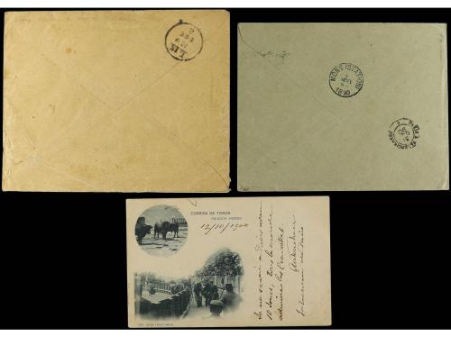 ✉ ESPAÑA. 1897-1900. Dos cartas y una tarjeta postal con mat