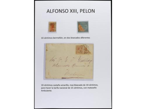 ✉ Δ ESPAÑA. ALFONSO XIII. PELÓN. Páginas de álbum con sellos