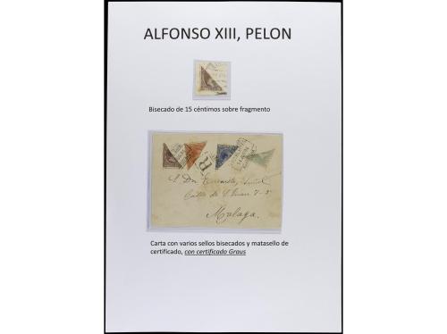 ✉ Δ ESPAÑA. ALFONSO XIII. PELÓN. Páginas de álbum con sellos