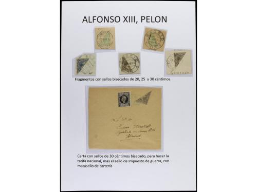 ✉ Δ ESPAÑA. ALFONSO XIII. PELÓN. Páginas de álbum con sellos