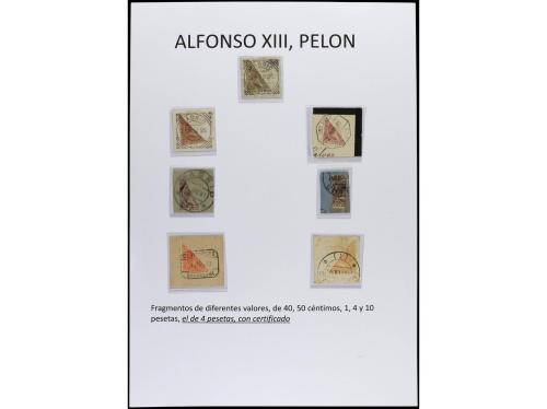 ✉ Δ ESPAÑA. ALFONSO XIII. PELÓN. Páginas de álbum con sellos