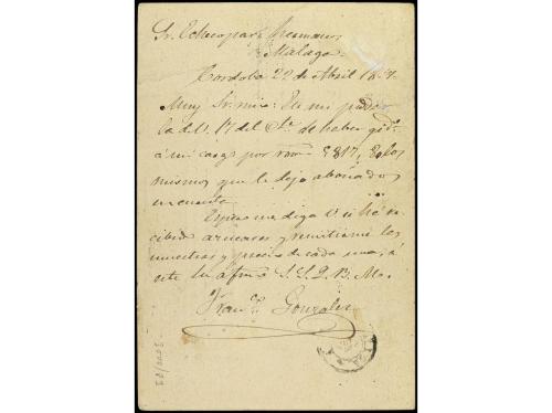 ✉ ESPAÑA. Ed. 184. 1877. CÓRDOBA a MÁLAGA. Entero Postal de 