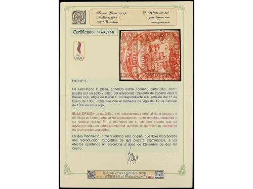 Δ ESPAÑA. Ed. 3. 5 reales rojo sobre pequeño fragmento, sell