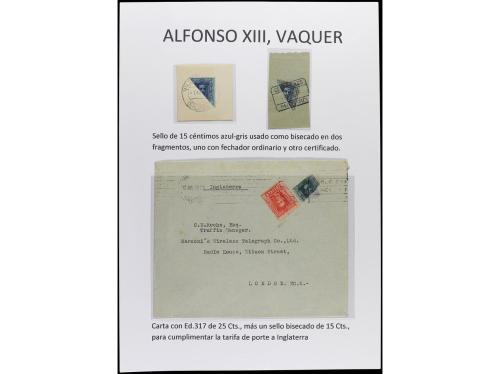 ✉ Δ ESPAÑA. ALFONSO XIII. VAQUER. Páginas de álbum con sello