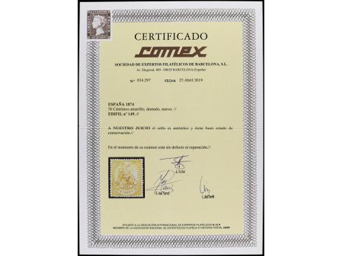 * ESPAÑA. Ed. 149. 50 cts. amarillo. LUJO. Cert. COMEX. 