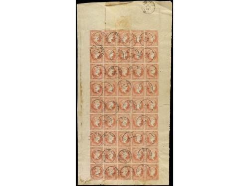 Δ ESPAÑA. 1859. 4 cuartos rojo. Bloque de 45 sellos sobre fr