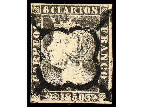 ° ESPAÑA. Ed. 1. 6 cuartos negro, plancha I. VARIEDAD DESGAS