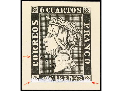 ° ESPAÑA. Ed. 1. 6 cuartos negro, plancha I. VARIEDAD DESGAS