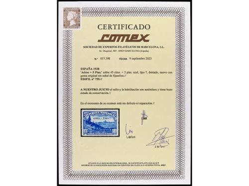 ** ESPAÑA. Ed. 759. AÉREO + 5 pts. Tipo 7. LUJO. Cert. COMEX