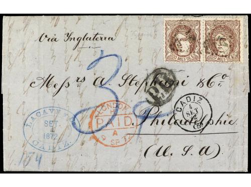 ✉ ESPAÑA: PREFILATELIA. Ed. 109. 1872. CADIZ a USA. 200 mil