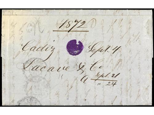 ✉ ESPAÑA: PREFILATELIA. Ed. 109. 1872. CADIZ a USA. 200 mil