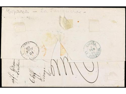 ✉ ESPAÑA. 1866. BARCELONA a PARIS. 12 c. naranja (4) y mat. 