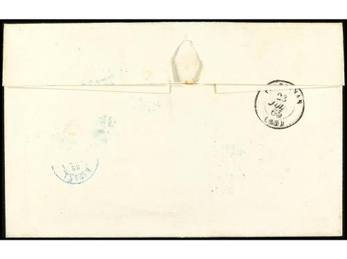 ✉ ESPAÑA. Ed. 70F. 1865. BARCELONA a FRANCIA. 12 cuartos azu