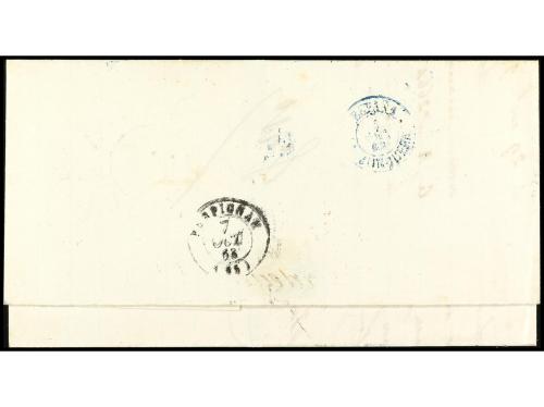 ✉ ESPAÑA. Ed. 59F. 1863. BARCELONA a FRANCIA. 12 cuartos azu