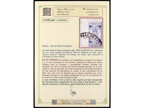 º ESPAÑA. EJERCITO REAL DE CATALUÑA. 3 cuartos azul. Especta