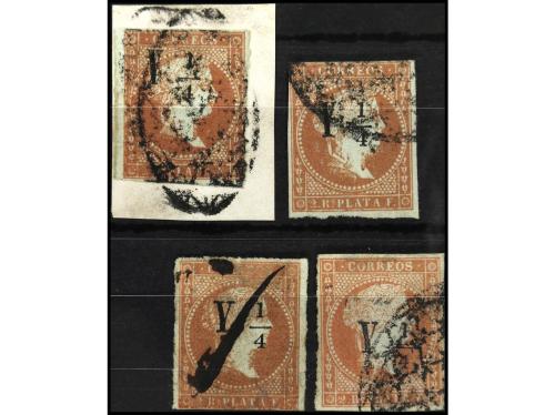 º Δ CUBA. Ed. 5 (2), 5A (2). Y 1/4 sobre 2 reales rojo anara