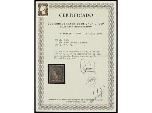* ESPAÑA. Ed. 84. 10 cts. verde. PIEZA DE LUJO. Cert. CEM. C