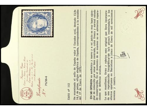 * ESPAÑA. Ed. 112. 2 escudos azul. Bien centrado. RARO en es