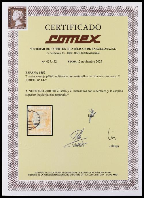 ° ESPAÑA. Ed. 14. 2 reales naranja. Esquina superior izquier