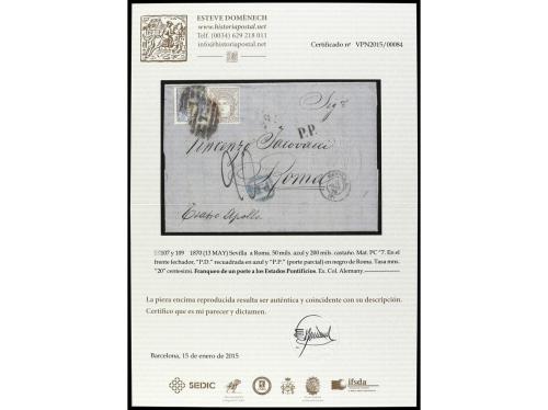 ✉ ESPAÑA. Ed. 107, 109. 1870. SEVILLA a ROMA. 50 mils. azul 