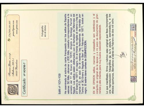 ✉ ESPAÑA. Ed. 107, 109. 1871. MANRESA a BARI (Italia). 50 mi