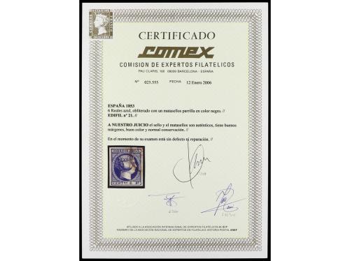 ° ESPAÑA. Ed. 21. 6 reales azul. Grandes márgenes. LUJO. Cer