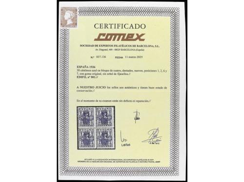 ** ESPAÑA. Ed. 801. 30 cts. azul. Buen ejemplar. Cert. COMEX