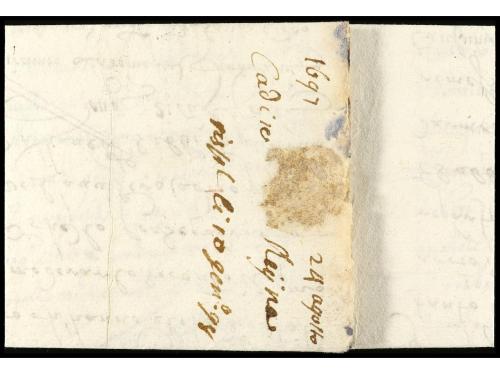 ✉ ESPAÑA: PREFILATELIA. 1697 (9 agosto). CADIZ. Sobrescrito 